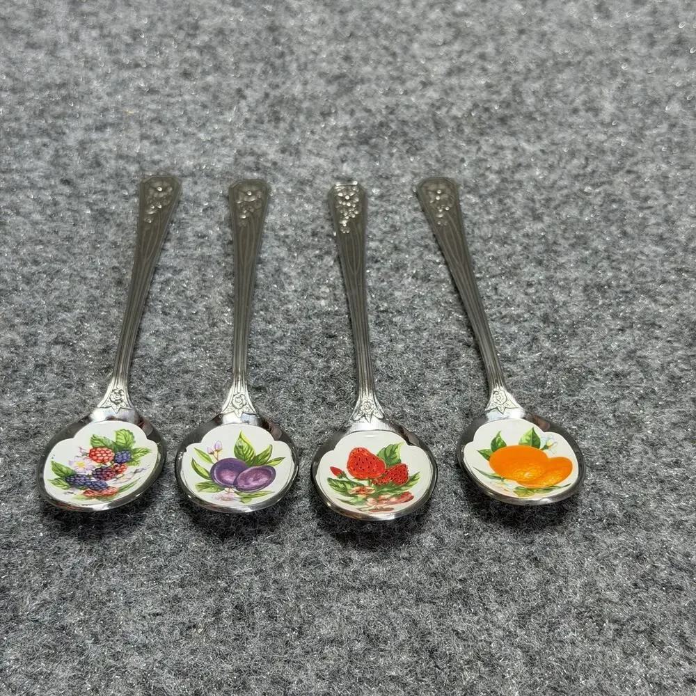 Avon Vintage Stainless Enameled Fruit Spoon Set Of 4 With Fruit Made In Japan - Picture 2 of 6